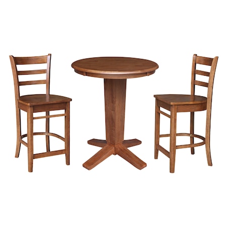 International Concepts 30 in. Solid Wood Round Top Pedestal Dining Table with 2 Counter Height Stools in Distressed Oak K42-30RT-23B-S6172-2